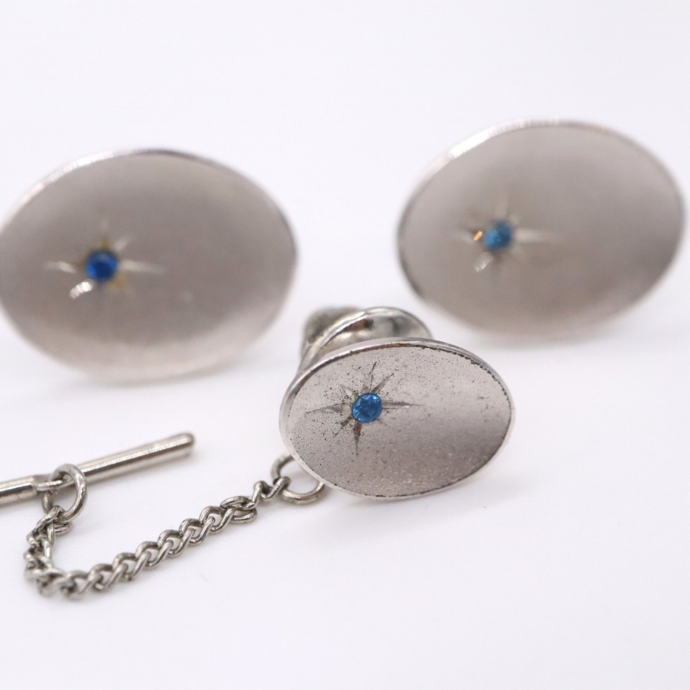 Vtg JML Sterling Silver Cufflinks Tie Tack Set Blue Stone MCM Atomic Starburst